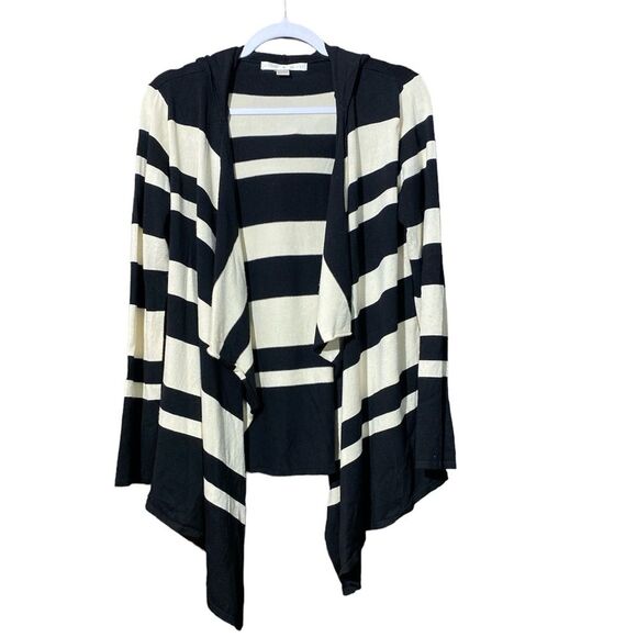 Boston Proper Black & Ivory Striped Open Front Draped Hooded Cardigan Women's M - Picture 1 of 8